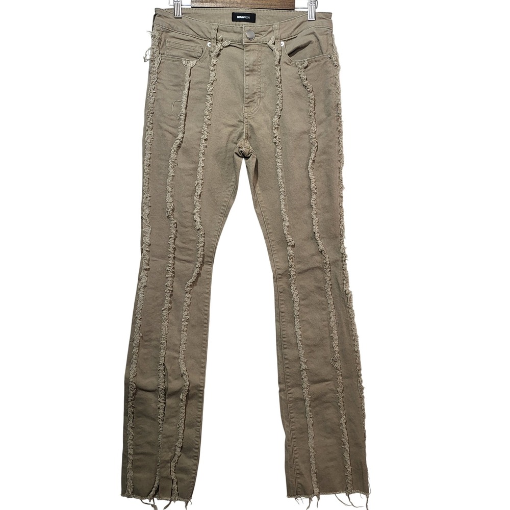 Fashion Nova Men Tan Fringe Vertical Distressed Denim Slim Fit Pants‎ Size 30